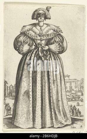 Dame mit Maske und Blume, Vorderansicht La Noblesse (Serientitel) Herren von Lorraine (Serientitel) Stehende Dame, von vorne gesehen, bekleidet in einem bodenbedeckten Kleid mit breitem Kragen, Maske für das Gesicht, Blume in der Hand. In den Hintergrundfiguren und einem Reisebus auf der Terrasse einer Villa und einem küssenden Paar. Dieser Druck ist Teil einer Serie von 12 Drucken mit Adeligen in Kostümen, die im ersten Viertel des 17. Jahrhunderts in Lorraine getragen wurden; die Hälfte der Serie betrifft Herrenanzüge, die andere Hälfte zeigt Damekostudien. Hersteller: Zu drucken von Jacques Callot (denkmalgeschütztes Gebäude) printmak Stockfoto