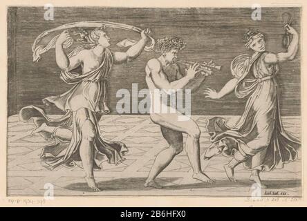 Tanzend lysiert ein Maenaden EINEN Satyr-Spaziergang und zwei Maenaden tanzen zu Fuß nach rechts. In der Mitte des Satyrs spielt der Aulos (Doppelflöte), seine Stirn mit Efeukränze. Links und rechts die beiden tanzenden Maenaden. Hersteller : Druckmaschine: Agostino Venezianonaar Zeichnung: Raphael Herausgeber: Antonio Salamanca (Listed Property) Ort Herstellung: Druckmaschine Italien zum Zeichnen: Italien Herausgeber: Rom Datum: 1516 - 1562 Physische Merkmale: Fahrzeugmaterial: Papiertechnik: Enga (Druckverfahren) Abmessungen: Blatt: H 176 mm (Kantenschnitt Innenblech.) b × 270 mm (Kantenschnitt Innenblech.) Hinweise Drucken aus einem Drawi Stockfoto