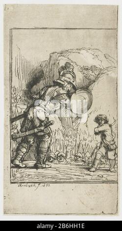 David und Goliath Vier Abbildungen für das spanische Buch David und Goliath Vier Abbildungen für den spanischen Buchobjekttyp: Abbildung Artikelnummer: RP-P-ob-67CCatalogusreferentie: New Hollstein Dutch 288c-1 (5) Bartsch 36-2 (3) der gesamten Platte (C-1) Hinweis: FragmentHollstein Dutch 36-2 (3) der gesamten Platte (C-1) Hinweis: Fragment Markierungen / Marken: Unterschrift und Datum unten links: "Rembrandt f 1655" Sammlermarke, links unten, gestempelt: Lugt 240 Hersteller: Druckmaschine Rembrandt van Rijn (auf Objekt angegeben) zu seinem eigenen Entwurf von Rembrandt van Rijn Datum: 1655 Körperliche Merkmale: ET Stockfoto