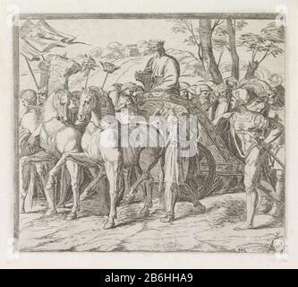 König David und seine Soldaten kehren im Triumph nach Jerusalem zurück. David befindet sich auf einem Wagen, der von zwei Paarden gezogen wird. Hersteller : Druckmaschine: Orazio Borgianni (denkmalgeschütztes Eigentum) zu Wandbild: Rafael Ort Herstellung: Druckmaschine: Italien Zu Wandbild: Vatikan Datum: 1615 Physikalische Merkmale: Ätzmaterial: Papiertechnik: Ätzmaße: Plattenkante: H 155 mm × W 180 mmToelichtingPrent eine Serie von 52 Drucken auf Gemälden in der Loggia von Raphael in der Vaticaan. Betrifft: Davids Triumph: Die Frauen Israels kommen heraus, um David zu empfangen, zu singen, zu tanzen und Tamburine und Lyres zu spielen; David hält den Kopf von Stockfoto