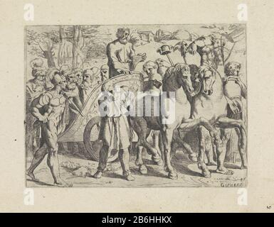 König David und seine Soldaten kehren im Triumph nach Jerusalem zurück. David befindet sich auf einem Wagen, der von zwei Paarden gezogen wird. Hersteller : Druckmaschine Giovanni Lanfranco (auf dem Objekt erwähnt) zu Wandbild: Rafael Herausgeber: Giovanni Orlandiopgedagen an: Annibale CarracciPlaats Herstellung: Druckmaschine: Italien Zur Darstellung des Vatikan-Stadt-Verlegers: Rom Gewidmet: Italien Datum: 1607 Physikalische Merkmale: Ätzmaterial: Papiertechnik: Ätzmaße: Plattenkante: H 130 mm × W 177 mmToelichtingOp ein Blatt, das mit der rechten oberen Hand in den Stift in Braun geschrieben wurde: 130. Drucken Sie aus einer Serie von 54-nummerierten Drucken Stockfoto