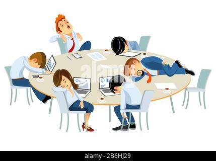 Müde Geschäftsleute, Angestellte des Firmenpersonals, die am Tisch im Büro schlafen. Vektorgrafiken im Cartoon-Stil isoliert auf weißem Hintergrund. Stock Vektor