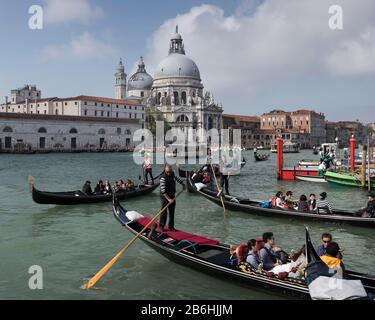 Gondeln auf dem Canal Grande, in der hinteren Kirche Santa Maria della Salute, Venedig, Venetien, Italien Stockfoto