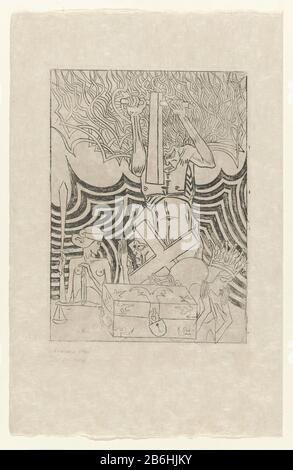 Die Anarchie (Originaltitel in Object) Der Anarchist (Originaltitel) Die Anarchie, ein Rauffian mit flammenden Haaren, sucht den Staat, der durch König und Schatzkammer symbolisiert wird, und die Kirche, die durch die Zerstörung des Mannes mit dem Kreuz symbolisiert wird. Lady Justice State terzijde. Hersteller: Druckmaschine: Jan Toorop Datum: 1895 Physikalische Eigenschaften: Trockenpunkt auf Zink, mit Tonwertmaterial auf Platte: Japanische Papiertechnik: Trockenpunkt / Tonplattengröße: Plattenkante: H 335 mm × W 245 cm. Betrifft: AnarchismJustitia (Gerechtigkeit) als römische Personifikationssymbolen des Staates (im Allgemeinen) Stockfoto