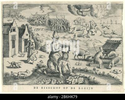 Der Bischof auf dem Bagijn (Titelobjekt) Cartoon Christoph Bernard von Galen, Bischof von Munster, 1672. Auf dem Rücken eines Bagijn sitzend legt er einen Strumpf ab. Links, der Bischof zusammen mit einem Hundehaus kniet er rechts als verdialer Sohn unter den Schweinen. Im Hintergrund vordringende Armeen, der holländische Löwe zwischen Schweinen (Munster-Truppen) und Hunden (Englisch), am Himmel, die Geißel Gottes. In diesem Bild gehört ein Textsheet-ver. Hersteller: Druckmaschine: Anonymer Ort Herstellung: Nordniederland Datum: 1672 Physische Merkmale: Engra mit Textdruckmaterial: Papiertechnik: Engra (Druck Stockfoto