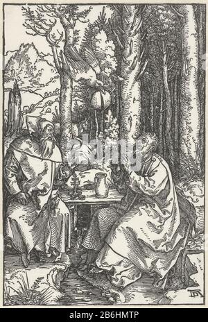 St. Anthony besucht Paul, den Einsiedler in der Wildnis. Der heilige Anthony sitzt mit Paul dem Einsiedler an einem Tisch in einem Wald. Ein Rabe kommt aanvliegen mit Brot in die Schnadel. Hersteller : Druckmaschine: Albrecht Dürer (auf dem Objekt angegeben) Ort Herstellung: Nürnberg Datum: 1503 - 1504 Physikalische Eigenschaften: Holzblockmaterial: Papiertechnik: Holzblockabmessungen: Bild: H 213 mm × W 143 mm Betreff: St. Antony Abbot und St. Paul der Hermit-Treffen und -Gespräch; Ein Rabe fliegt mit einem Laib (manchmal zwei Laibe) in seinem Schnabel herab Stockfoto