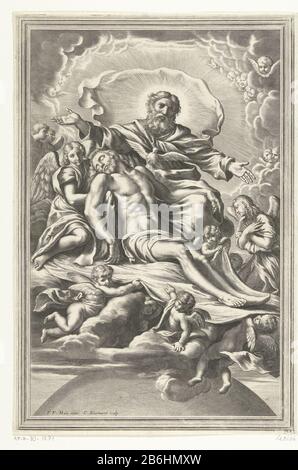 Gott der Vater als alter bärtiger Mann, der hinter Christus sitzt, liegt auf einem Tuch, das von Engeln gestützt wird. Zwischen ihnen schwebt ein Duif. Hersteller : Druckhersteller Cornelis Bloemaert (II) (denkmalgeschütztes Gebäude) zum Gemälde: Pierfrancesco MolaPlaats Herstellung: ROM Datum: 1633 - 1692 Physikalische Merkmale: Fahrzeugmaterial: Papiertechnik: Engra (Druckverfahren) Abmessungen: Blatt: H 348 mm × W 225 mm Betreff: Gott der Vater, der den gekreuzigten Christus oder Tote hält Stockfoto