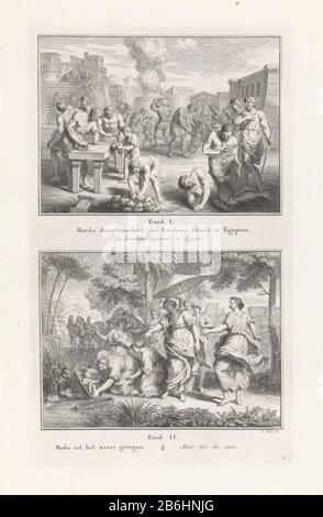 Zwei Bibelgeschichten. Oben: Die Israeliten werden Ägypten zu harscher Sklaverei gezwungen. Sie machen Ziegelsteine, um eine Stadt für den Pharao zu bauen. Unten: Die Diener der Tochter des Pharaos bringen Moses aus dem Wasser in seinen Korb. Die Tochter des Pharaos unter einem Sonnenschirm. Unter den Aufführungen eine Anspielung auf die biblischen Texte und Titel in Niederländisch und Frans. Hersteller : Druckerhersteller Pieter Tanjé (Listed Property) Ort Herstellung: Amsterdam Datum: 1716-1761 und / oder 1701 Physikalische Merkmale: Ätz- und Engra-Material: Papiertechnik: Ätzung/Engra-Messungen (Druckverfahren): Plattenkante: H 327 mm × W 194 mm Toel Stockfoto