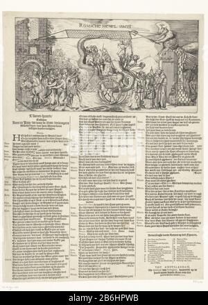 Die römische Himmelfahrt, 1621 Romscher Himmel Vaert (Titelobjekt) Die römische Himmelfahrt, 1621. Cartoon Wo: In einem Streitwagen, der vom siebenköpfigen Tier gebildet wird, führt der papst, der König von Spanien und den Kaiser in die Hölle. Luzifer überspannt ein breites Netz über das gesamte Unternehmen. Das Auto trägt eine Gruppe von Menschen mit sich, die versuchen, Rom zu entkommen: Mönch, Jesuit, Tyrannei, Hass und Neid, der Herzog von Sachsen und die Bischöfe von Trier, Köln und Mainz. Unter der Platte befindet sich ein Dialog zwischen Kees, Jaap und Mieuis, die den Laden eines Buchhändlers darstellen, in drei Spalten mit den Symbolen AX. Hersteller: Druckmaschine: Stockfoto