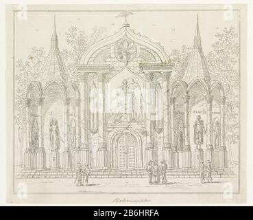 Zerstörung der alten Verfassung, Dekoration auf dem Buttermarkt, 1795Er Zehn Dekorationsplatten auf der Allianz-Partei in Amsterdam im Jahre 1795er (Serientitel) Die Allegorische Zerstörung der Alten Verfassung auf dem Buttermarkt in Amsterdam mit der Allianzpartei am 19. Juni 1795. Dekoration in Form der Ruinierung einer gotischen Kapelle, den zentralen Chassinet-Neid auf das Rad der Aristokratie, die einen Mühlstein in Bewegung bringt. Teil einer Serie von zehn Platten. Hersteller : Druckhersteller A. Verkerk Herausgeber: John Roelof Poster Place Herstellung: Druckmaschine: Niederlande Stockfoto