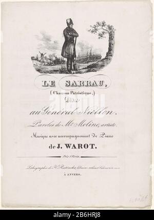 Musik für das patriotische Lied Getitel Le Sarrau (Workman Kiel), ca. Ein Blatt mit einem Falz von 1830 in den Noten und Wörtern des Liedes und der Klavierbegleitung. Auf der Vorderseite ein Belgier, der mit einem Arbeitskiel bekleidet ist und an einem Ausleger steht. Hersteller: Druckhersteller: Louis Huard (auf dem Objekt angegeben) zu lesen: Moline (auf dem Objekt angegeben) Komponist: J. Warot (auf dem Objekt angegeben) Schaltfläche: Henry Ratinckx (auf dem Objekt aufgeführt) zugewiesen an: Charles Niellon (auf dem Grundstück aufgeführt) Ort Herstellung: Druckmaschine: Belgien Autor: Belgien Komponist: Belgien Herausgeber: Antwerpen Datum: 1830 - 1831 Physische Merkmale: Stockfoto