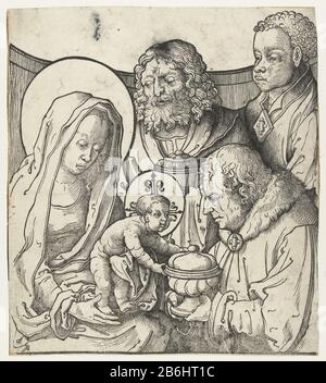 Die Anbetung der Magi die Anbetung des Christuskindes durch die drei Könige. Mit Holzwurm im Log abgedruckt, Bild mit Penseel bearbeitet. Hersteller: Druckmaschine: Anonym zu drucken von Lucas van Leyden (Fläche) Ort Herstellung: Niederlande Datum: 1513 - 1583 Physische Merkmale: Holzschnitt aktualisiert mit Pinselmaterial: Papiertechnik: Holzschnitt / Retusche Abmessungen: Oberfläche: H 265 mm × W 235 mm Betreff: Anbetung der Könige: Der Weise Präsentiert Seine Gaben dem Christusschild (Gold, Weihrauch und Myrrhe) Stockfoto