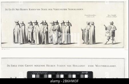 Die Grabprozession von Frederik Hendrik (Blatt Nr. 26), 1647 Die Grabprozession von Gouverneur Friedrich Henry, 's-Gravenhage 1647 (Serientitel) De begrafenistoet van stadhouder Frederik Hendrik te s-Gravenhage op 10 mei 1647. Plaat NR. 26 trafen sich mit een deel van de stoet met leden van de Staten-Generaal, boven de personen staat hun functie. Onderdeel van een Serie van 30 platen en en 20 tekstbladen, bedoeld om aan elkaar geplact te worden. Hersteller : Hersteller: Pieter Nolpenaar Tekening van: Pieter Jansz. Postuitgever: Pieter Jansz. Postdrukker: Nicolaes van Ravesteynverlener van Privileg Stockfoto