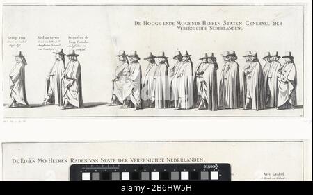 Der Frederik Hendrik begrafenistoet (Blatt Nr. 25), 1647 Die Grabprozession von Gouverneur Friedrich Henry, 's-Gravenhage 1647 (Serientitel) De begrafenistoet van stadhouder Frederik Hendrik te 's-Gravenhage op 10 mei 1647. Plaat NR. 25 met een deel van de stoet met leden van de Staten-Generaal, boven de personen staat hun functie. Onderdeel van een Serie van 30 platen en en 20 tekstbladen, bedoeld om aan elkaar geplact te worden. Hersteller : Hersteller: Pieter Nolpenaar Tekening van: Pieter Jansz. Postuitgever: Pieter Jansz. Postdrukker: Nicolaes van Ravesteynverlener van Privileg: STA Stockfoto