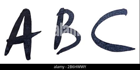 Schwarze Farbbuchstaben ABC isoliert auf weißem Hintergrund Stockfoto