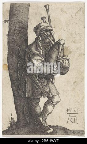 Der Pfiffer, DEN EIN Mann spielt, spielt Dudelsack, der sich an einen Baum lehnt. Rechts unten Monogramm von Albrecht Dürer und Dating: Bild seines Spiegels. Mit AE14 signiert. Hersteller : Druckmaschine: Jerome Wer: Rix (zugeschrieben) Druckerhersteller John Wierix (möglich) druckt von Albrecht Dürer (denkmalgeschütztes Eigentum) Herstellung: Antwerpen dating1559 - Merkmale 1619 Physikalisch: Fahrzeugmaterial: Papiertechnik: Engra (Druckverfahren) Maße: Blatt: 116 mm × h b 72 mm Betreff: Dudelsack, Musetteonspieler, der Blasinstrument spielt Stockfoto