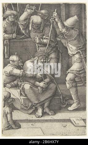 Dornenkrönung Die kleine Passion (Serientitel) Christus sitzt, ist ein Zweig in Handdaten und Dornenkrone auf dem Kopf geduwd. Hersteller: Druckmaschine: Lucas van Leyden (denkmalgeschütztes Gebäude) in der Gestaltung: Lucas van Leyden Herstellung: Niederlande Datum: 1521 Physikalische Merkmale: Fahrzeugmaterial: Papiertechnik: Engra (Druckverfahren) Abmessungen: Blatt: H 118 mm b × 75 mm Betreff: Die Bekrönung mit Dornen: Soldaten mit Stöcken legen eine dornige Krone auf den Kopf Christi und geben ihm ein Schilf (Matthäus 27:27-31; Markus 15:16-20; Johannes 19:2-3) Stockfoto