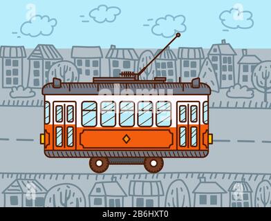 Straßenbahnwagen in der Stadt. Öffentliche Verkehrsmittel. Stadtfahrzeug Stock Vektor