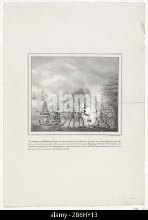 Die Geister von William of Orange, Prince Maurits und Michiel de Ruyter beobachten die Grenzen der Anhänger der Sieben Provinzen, Landschaft von 1831 mit einigen Soldaten, die sich um ein Lagerfeuer versammelt haben, hinterließen Schiffe auf dem Wasser. In den Räumen zwischen den Figuren sind die Köpfe von Wilhelm von Orange, Prinz Maurits und Michiel de Ruyter zu erkennen. Während der belgischen Revolution, im Jahre 1831. Hersteller: Drucker: William Charles Magnenat (Listed Property) entworfen von: Evert Maaskamp (Listed Property) Ort Herstellung: Amsterdam Datum: 1830-1840 Physikalische Merkmale: Lithographisches Material: Papiertechnik: Lithographie (Tech Stockfoto