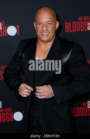 Westwood, USA. März 2020. VIN Diesel Walking the Red teppich at Premiere Of Sony Pictures' 'Bloodshot' Held at Regency Village Theatre on March 10, 2020 in Hollywood, California USA (Foto von Parisa Afshahi/Sipa USA) Credit: SIPA USA/Alamy Live News Stockfoto