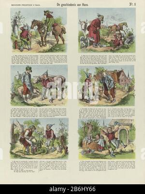 Die Geschichte von Hans (Titelobjekt) Meijers Drucken (Serientitel Objekt) Leaf mit sechs Aufführungen des Jungen Hans verdiente dieses Gold, es handelte für ein Pferd und so ging es weiter, bis er mit einem Mühlstein fertig wurde und es in einen Brunnen warf. Zeigen Sie unter jedem einen Titel in zwei Spalten an. Oben rechts nummeriert: Nr. 8. Hersteller : Druckmaschine: Arie Kunz (denkmalgeschütztes Gebäude) Herausgeber: De Ruyter & Meijer Ort Herstellung: Amsterdam Datum: 1873 Physikalische Eigenschaften: Farblithograph in Gelb, Grün, Orange, Blau und Rot; Textdruckmaterial: Papiertechnik: Farblithograph (Verfahren) / Druckformate: Stockfoto