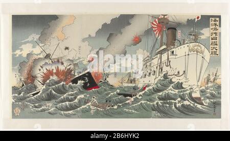 Das Flaggschiff der japanischen Marine, Matsushima, nur ein chinesisches Schiff versenkt. Die Schlacht am gelben Meer fand im September 1894 statt, während des Ersten Sino-Japanischen Krieges (1894-1895) . Hersteller: Druckmaschine: Nakamura Shuko (denkmalgeschütztes Gebäude) Herausgeber: Sekiguchi Masajirô (Listed Property) Ort Herstellung: Japan Datum: 1894 Physikalische Eigenschaften: Farbholzblock; Strichblock in Schwarz mit Farbblöcken; Poliermaterial: Papiertechnik: Farbholzschnitt / Polieren Abmessungen: Blatt: H 366 mm × W 729 mm Betreff: Erster Sino-Japanischer Krieg (1894-1895) Stockfoto