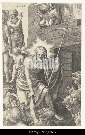 Der Abstieg in die Hölle der kleinen Passion Christi (Serientitel) Christus am Tor der Hölle zieht ein Mann auf. Hinter ihm Eva mit Kind und Adam zeigen auf ein Monster. Hersteller: Druckmaschine: Lucas van Leyden (denkmalgeschütztes Gebäude) in seinem Entwurf: Lucas van Leyden Herstellung: Niederlande Datum: 1521 Physische Merkmale: Fahrzeugmaterial: Papiertechnik: Engra (Druckverfahren) Abmessungen: Blatt: H 116 mm × W 76 mm Betreff: Christus in der Unterwelt, der Hästerung der Hölle, Christus in Limbo, "Deszensus ad inferos" Anastase" Stockfoto