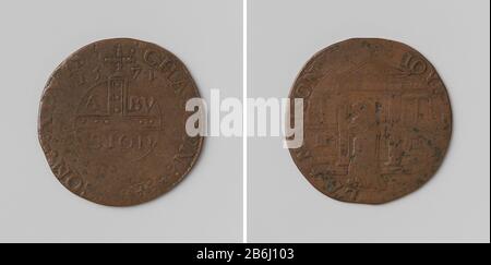 Der Herzog von Alva empfängt von Papst Pius V. als Dank geweihten Hut und Schwert, Medaille bei den Feierlichkeiten zu diesem Anlass und um vor Unheil De hertog van Alva ontvang van Pius V. als dank een gewijde hoed en degen zu warnen, Penning op de feestelijkheden bij die gelegenheid en als Stockfoto