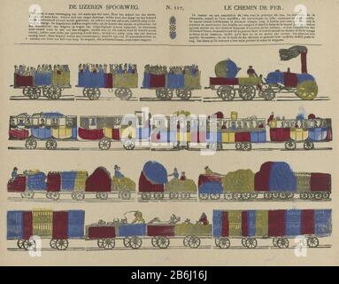 Die Eisenbahn Le chemin de fer (Titelobjekt) Leaf mit vier horizontalen Darstellungsreihen eines Zuges. Negenregelig ein Epigraph auf Niederländisch und Französisch in zwei Säulen. Nummerierte obere Mitte: N. 117. Hersteller : Herausgeber: Philippus Jacobus Brepols Druckautor: Anonymer Ort Herstellung Turnhout dating: 1800 - 1834 Physische Merkmale: In Blau, Gelb und Rot gefärbter Holzschnitt; Textdruckmaterial: Papiertechnik: Holzschnitt / Farben / Druckgrößen: Blatt: H 306 mm × W 387 mm Betreff: Personeneisenbahn, Bahn Stockfoto