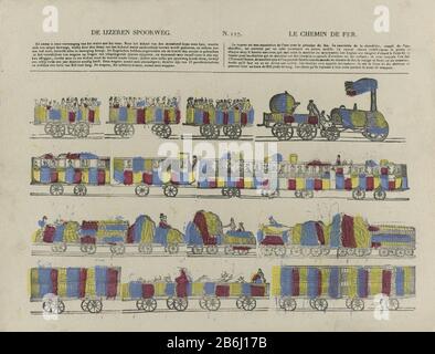 Die Eisenbahn Le chemin de fer (Titelobjekt) Leaf mit vier horizontalen Darstellungsreihen eines Zuges. Zevenregelig ein Epigraph auf Niederländisch und Französisch in zwei Säulen. Nummerierte obere Mitte: N. 117. Hersteller : Herausgeber: Philippus Jacobus Brepols Druckautor: Anonymer Ort Herstellung Turnhout dating: 1800 - 181 Physische Merkmale: In Blau, Gelb und Rot gefärbter Holzschnitt; Textdruckmaterial: Papiertechnik: Holzschnitt / Farben / Druckgrößen: Blatt: H 325 mm × W 426 mm Betreff: Personeneisenbahn, Bahn Stockfoto