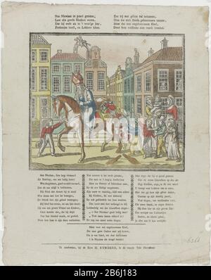 Die Ankunft des heiligen Nikolaus auf dem Pferd sitzend, lassen Sie alle guten Freundinnen wissen () (Titelobjekt) Blatt mit einer großen Darstellung des heiligen Nikolaus zu Pferd, der Spielzeug und Süßigkeiten an Kinder auf der Straße verteilt. Im Hintergrund St. Nikolaus zu Pferd auf dem Dach. Am unteren Rand ein frisches Viererkolommen. Hersteller : Herausgeber: Preserve H. Rynders (denkmalgeschütztes Gebäude) Druckerhersteller: Anonymer Ort Herstellung: Herausgeber: Amsterdam Druckautor: Niederlande Datum: Ca. 1840 Physische Merkmale: In Blau, Rot, Grün, Gelb und Orange gefärbter Holzschnitt; Textdruckmaterial: Stockfoto
