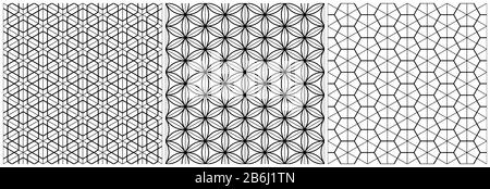 Ein Satz von drei nahtlosen Mustern im japanischen Stil von Kumiko. Black Average und dünne Linien. Für Umhüllung, Stoff, Textil, Ausrichtungsvorlage, Laser-Cutti Stock Vektor