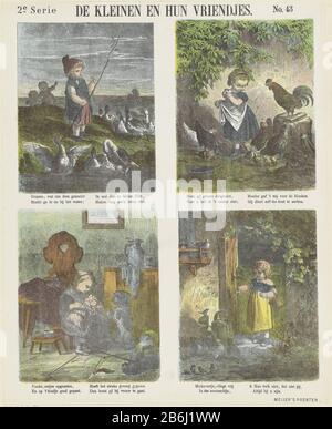 Die kleinen und ihre Freunde (Titelobjekt) Meijers Drucke (Serientitelobjekt) Leaf mit vier Szenen von Kindern, die mit Tieren spielen. Unter jedem Bild eine vierzeilige, frisch in zwei Spalten. Oben rechts nummeriert: Nr. 43. Hersteller : Herausgeber: De Ruyter & Meijer Druckautor: Anonymer Ort Herstellung: Amsterdam Datum: 1874 Physikalische Eigenschaften: Farblithograph in Gelb, Grün, Orange, Blau und Rot; Textdruckmaterial: Papiertechnik: Farblithograph (Prozess) / Druckformate: Blatt: H 420 mm × W 344 mm Betreff: Kind, das mit tierischem Kindertier spielt Stockfoto