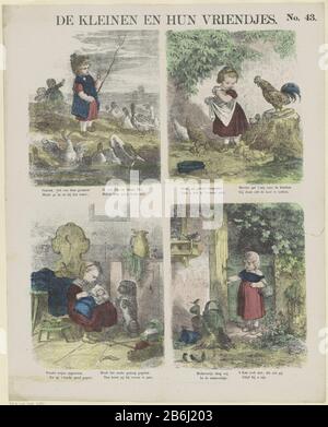 Die kleinen und ihre Freunde (Titelobjekt) Meijers Drucke (Serientitel) Leaf mit vier Szenen von Kindern, die mit Tieren spielen. Unter jedem Bild eine vierzeilige, frisch in zwei Spalten. Oben rechts nummeriert: Nr. 43. Hersteller : Herausgeber: De Ruyter & Meijer Druckautor: Anonymer Ort Herstellung: Amsterdam Datum: 1874 Physikalische Merkmale: In Gelb, Grün, Blau, Rosa und Rot gefärbte Lithographie; Textdruckmaterial: Papiertechnik: Lithographie (Technik) / Farbe / Druckformate: Blatt: H 429 mm × W 345 mm Betreff: Kind, das mit tierischem Kindertier spielt Stockfoto