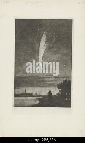 Der Komet von Donati, 1858 Komet Donati, 10. Oktober 1858. Im Vordergrund ein Mann mit Hund am Fluss. Im Hintergrund ein Kerktoren. Hersteller : Druckhersteller Cornelis van der Grient dating: 1858 Physikalische Merkmale: Radierung; Proofing Material: Papiertechnik: Ätzmaße: Plattenkante: H 240 mm × W 147 mm Betreff: Komet Fluss (+ Landschaft mit Figuren, Mitarbeiter) Comet Donati (1858) Wann: 10-10-1858 - 10-10-1858 Stockfoto