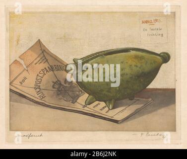 Die letzte Charge (Originaltitelobjekt) EINE Schweinebank in Form eines Schweins, das auf Papieren der Sas Bank steht. Das Logo der Bank ist ein Kreuzdoorgehaald. Hersteller : Druckerhersteller French Eversack (persönlich unterzeichnet) Datum: 150Physikalische Merkmale: Ätzung und Aquatint in Farbe; Proofing-Material: Papiertechnik: Radierung / Aquatint-Abmessungen: Plattenkante: H 139 mm × W 176 mm Betreff: Geldtruhe, Schatzkiste, Geldboxbankwie: Rijkspostspaarbank Stockfoto