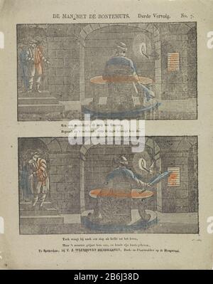 Der Mann mit der Kapuzenmütze drittes Folgeblatt (Titelobjekt) mit 2 Vorstellungen aus der Geschichte des Mannes mit der Fellkappe. Die Erben einer alten Burg entdeckten in einer unterirdischen Passage einen Mann mit einem auf dem Kopf sitzenden Pelz, der hinter einem Tisch sitzt, mit einem Hieb bedroht. Es scheint aber, dass es sich um eine Holzpuppe handelt, die durch die Treppe auf der Treppe in Bewegung gesetzt wird, die zur unterirdischen Residenz führt. Unter jedem einen zweizeiligen Vers. Oben rechts nummeriert: Nr. 7. Hersteller : Druckerhersteller Hermanus Numan Autor: Hendrik Numan Herausgeber: Theodore John Wijnhoven-Hendriksen (aufgeführt pro Stockfoto