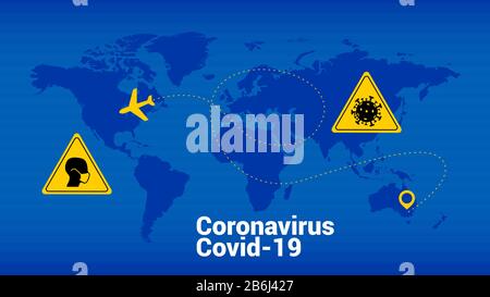 Coronavirus-Vektor-Weltkarte. Symbol für Corona-Virus. Bildungs-Piktogramm. Abbildung Mikrobe. Covid-19-Zeichen. Ncov-19-Bakterien. Virusinfektion. Stock Vektor