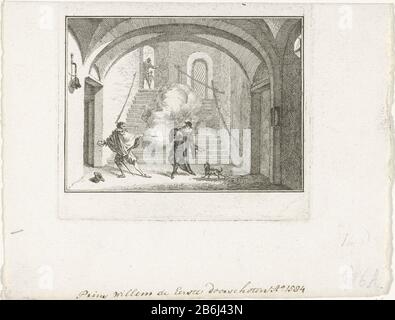 Der Mord an Wilhelm von Orange, 1584 Der Fürst von Orange in Delft von Balthasar Gerards ermordet, 10. Juli 1584. Wilhelm von Orange am unteren Ende der Treppe neergeschoten. Hersteller : Druckerhersteller Simon Fokke Ort Herstellung: Nordniederland Datum: 1780-17980 Physikalische Merkmale: Ätzmaterial: Papiertechnik: Ätzmaße: Plattenkante: H 91 mm × W 106 mmToelichtingGebruikt als Illustration in: JW in Water, Das historische Geburtsland des Herrn J. Wagenaar, gekürzt und Bemerkungen mit Leerzaame, im Dienste der niederländischen Jugend, 1784-1800, 4 Teile. Nicht Frederik Muller; adde Stockfoto