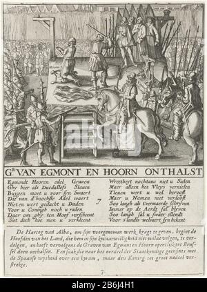 Die Enthauptung von Egmont und Horne im Jahre 1568 El Egmont und Horn onthalst die Spaensche Tilanye gheschiet in den Niederlanden (Serientitel) die Zählung erfolgt auf einem Gerüst, Egmont und Horne enthauptet, 5. Juni 1568, Grand Place in Brüssel. Unter der Präsentation von 16 frischen Zeilen in Spalte 2, unten, eine Beschreibung, die in 6 Zeilen, in niederländischer Sprache, eingeklemmt ist. Nummeriert 7. Hersteller : Druckmaschine: Anonymer Ort Herstellung: Nordholland Datum: 1618 - 1624 Physikalische Merkmale: Ätzmaterial: Papiertechnik: Ätzmaße: Blatt: H 175 mm × W 135 mmToelichtingIllustratie eine (unbekannte) Ausgabe von Stockfoto