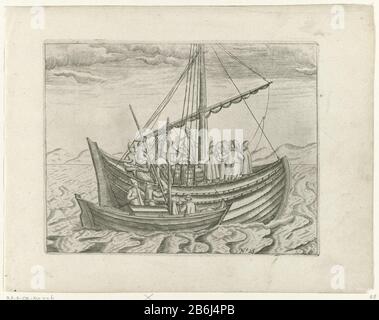 Das Treffen mit einem russischen Lodja, 1597 Das Treffen mit einem russischen Lodja, 12. August 1597. Der Kahn ist neben dem russischen Schiff, Wo: Die Niederländer Lebensmittel kaufen und Informationen über ihren Kurs erhalten. Kopien der Originalillustrationen im Reisebericht der Reise von William Barendsz und Jacob van Heemskerck 1596-1597 und bleiben auf der Insel Nowaja Zemlya, Nr. 28. Hersteller : Druckhersteller: Anonym zu drucken von: Anonym zur Zeichnung von: Gerrit de Veer (möglich) Ort Herstellung: Nordniederland Datum: 1615 - 1617 Physische Merkmale: Engra-Material: Papiertechnik: En Stockfoto