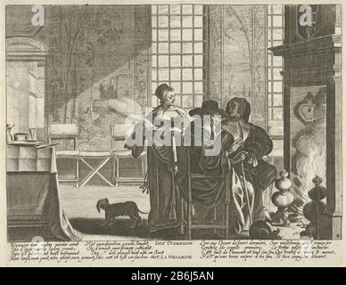 Das Alter La Viel Liesse (Titelobjekt) Das Alter Des Menschen (Serientitel) Les IIII Aages de L'homme (Serientitel) Interieur mit einem alten Paar, das einen Kamin erwärmt. Oben hängt ein Schild mit einem Skelett, ein Hinweis auf den Tod. Neben ihnen eine Angestellte mit einem Schild in den Händen und einem Hund. Rechts im Vordergrund zwei Katzen. In der Randlage ein achtregelig-Gedicht in niederländischer und französischer Sprache, das sich auf einen Jugendlichen Geist bezieht, aber auch auf die Verschlechterung eines alten Körpers. Viertes Bild von einer Serie von vier bis zum Alter der Herren. Hersteller : Druckerhersteller Jan Christoffel Jeghernaar Design: Abraham Boss Publisher Stockfoto