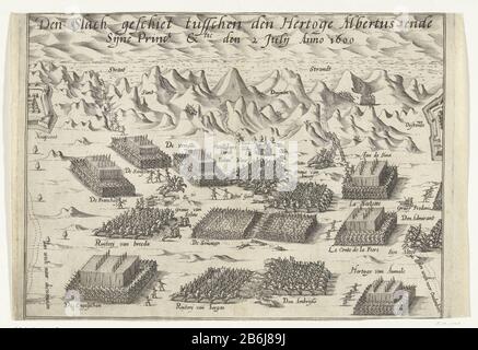 Die Schlacht von Nieuwpoort, 1600 Das Opfer gechiet zwischen den Hertoge Albrecht Einkünften Sijne Prinz Extie am 2. Juli, Anno 1600 (Titelobjekt) die Schlacht von Nieuwpoort, 2. Juli 1600. Kämpfe am Strand und in den Dünen zwischen der Armee der Bundesstaaten unter Maurice und den spanischen Truppen Albrecht. Hersteller: Druckmaschine: Anonymer Ort Herstellung: Niederlande Datum: 1600 - 1605 Physische Merkmale: Fahrzeugmaterial: Papiertechnik: Engra (Druckverfahren) Abmessungen: Blatt: H 220 mm × W 325 mm Betreff: Schlacht (+ Landstreitkräfte) Schlacht bei Nieuwpoort Wann: 1600-07-02 - 1600-07-02 Stockfoto