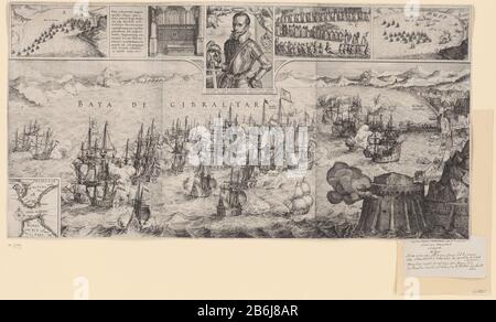 Die Schlacht von Gibraltar, 1607 Naval Gibraltar am 25. April 1607 Wo: Der Admiral Jacob van Heemskerck getötet wurde. Schlachtschiff in der Bucht von Gibraltar zwischen der Flotte der Staaten unter Admiral Jacob van Heemskerck und der spanischen Flotte unter Admiral Don Juan d'Alvares d'Avila. Top fünf kleine Vorstellungen mit: Die Schiffe in der Bucht, Porträt von Jacob van Heemskerck, Trauerzug und Bestattung in der Oude Kerk in Amsterdam. Unten links ein Einfügepunkt mit einer Karte der Straße von Gibraltar. Großartige Leistung auf drei Platten. Hersteller: Druckmaschine: Claes Jansz. Visscher (II) zur Zeichnung von: David Stockfoto