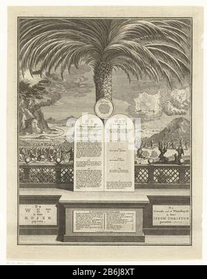 Die Gesetzestafeln In der Mitte zwei Steintafeln mit den Zehn Gebote lehnen sich an eine Palme. Im Hintergrund sieht man, wie der Berg Sinai von Wolken und Blitzen bedeckt war. Gott spricht mit dem Volk Israel, das sich am Fuße des Berges befindet. Hersteller: Druckmaschine: Gerrit de Broen (II) (denkmalgeschütztes Gebäude) in Zeichnung: Gerrit de Broen (II) (denkmalgeschütztes Gebäude) Herstellung: Amsterdam Datum: CA. 1720 - ca. Physikalische Eigenschaften: Ätz- und Engra-Material: Papiertechnik: Ätzung/Engra-Messungen (Druckverfahren): Plattenkante: H 353 mm × W 273 mm Subj Stockfoto