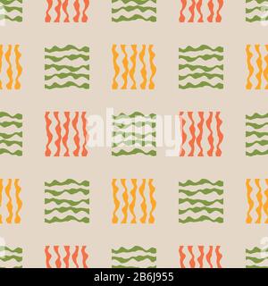 Vektor abstrakter Gingham nahtloser Hintergrund des Musters. Kleine orangefarbene, grüne Quadrate. Schmerzhaft unregelmäßige Formen geometrische Wiederholung. Moderne Kunst Stock Vektor