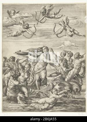 Triumph von Galatea waren Der Triumph von Galatea Objekttyp: Bild Artikelnummer: RP-PHL-55Catalogusreferentie: Hollstein Dutch 313-1 (2) Die Abgebildeten Bartsch 270-1 (2) Markierungen / Marken: Sammlermarke, verso unten rechts, gestempelt ' Hinloopen ', Stempel nur des Namens, in schwarzer Tinte Beschreibung: Galatea, über dem Wasser, das zu einer von Delfinen gezogenen Schale führt, umgeben von und mit Gitonen nereiden. Der zesregelige lateinische Vers, der unter das Bild geht, ist afgeknipt. Hersteller: Druckmaschine: Hendrick Goltzius Zu eigenem Entwurf: Hendrick Goltzius zum Malen: Raphael Verlag: Hendrick Goltzi Stockfoto