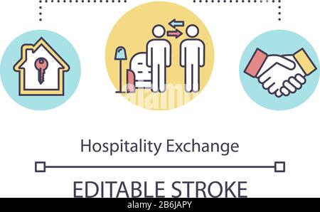 Symbol für das Konzept des Hospitality Exchange. Budget Reisen, kostenlose Unterkunft Idee Thin Line Illustration. Kostengünstiger Tourismus, gegenseitiger Nutzen. Vektor isoliert Stock Vektor