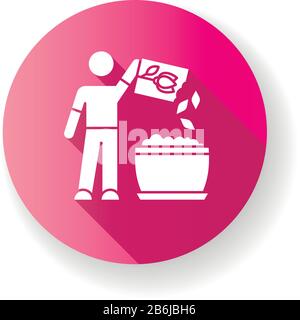 Pflanzen von Blumensamen Rosa flaches Design lange Schatten Glyphe Symbol. Vermehrung von Hausanlagen. Gartenarbeit im Innenbereich. Anbau von heimischen Pflanzen. Setzen von Saatgut Stock Vektor