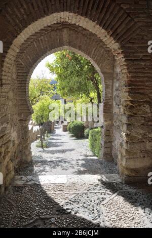 Steintunnel in einer alten muslimischen Befestigungsanlage, La Alcazaba, Málaga, Spanien Stockfoto